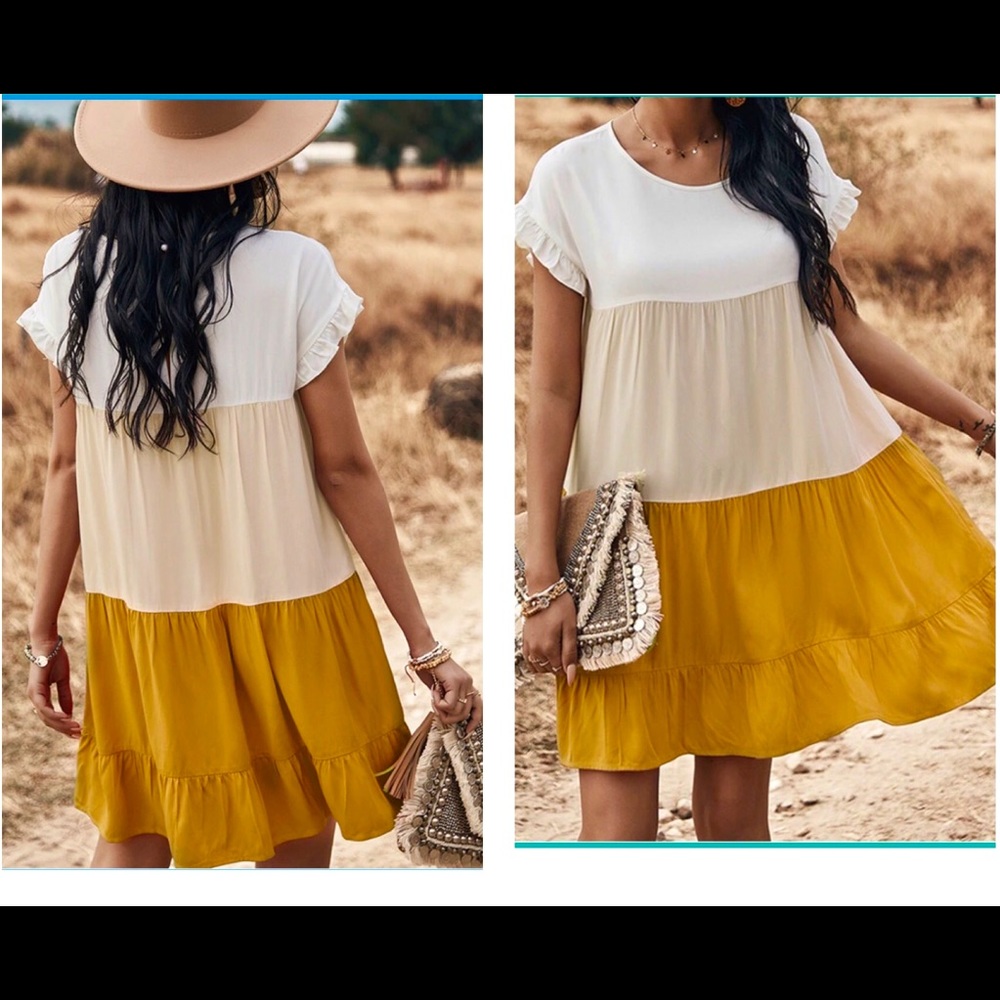 Color block short flare dress ( tan)